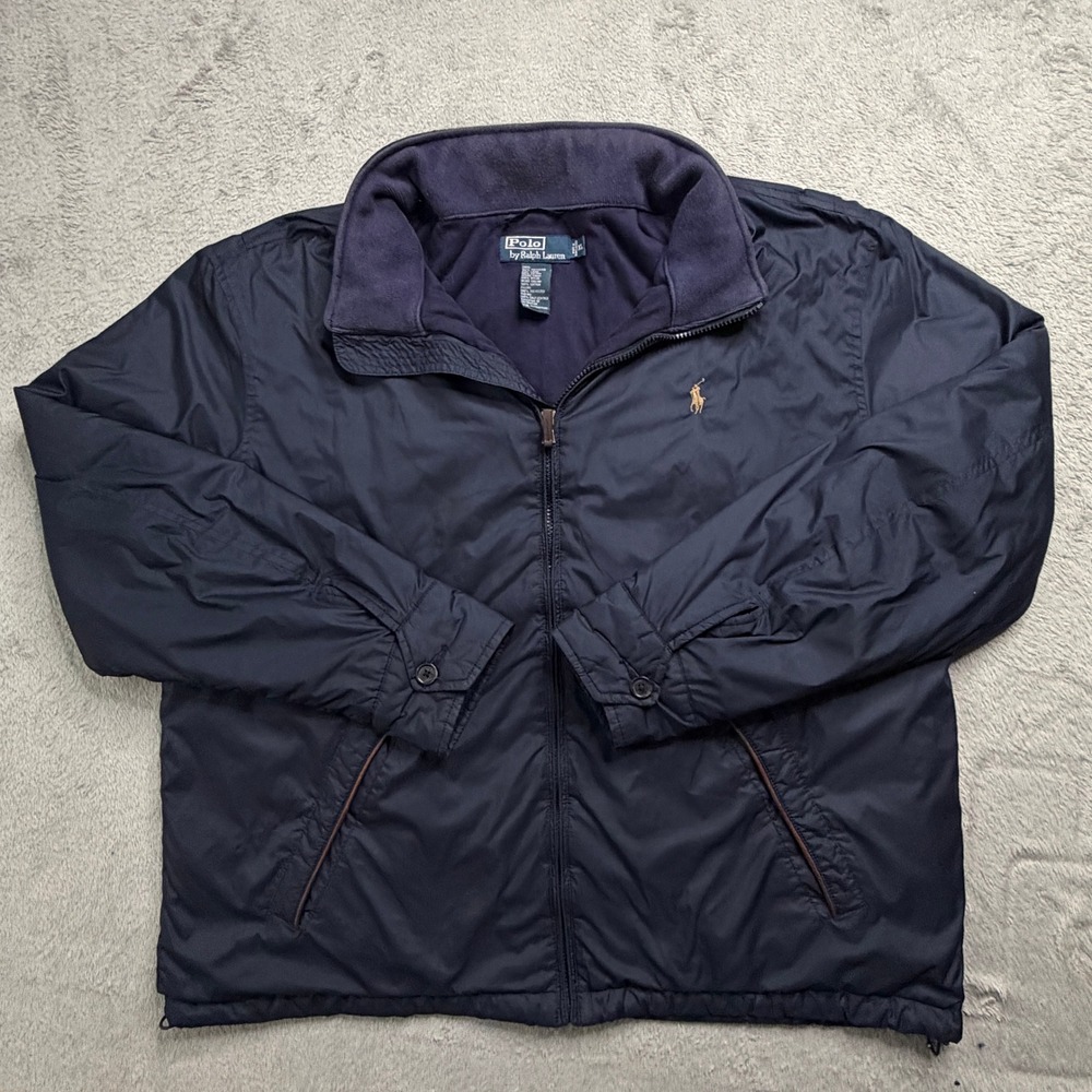 Polo Ralph Lauren Mens Navy Blue Full Zip Windbreaker Jacket Packable Hood XL